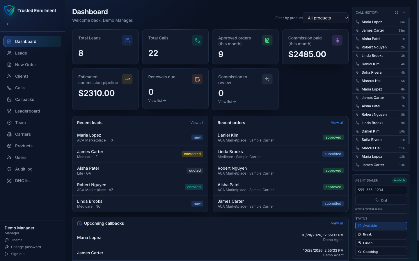 The Trusted Enrollment CRM dashboard, shown with sample data